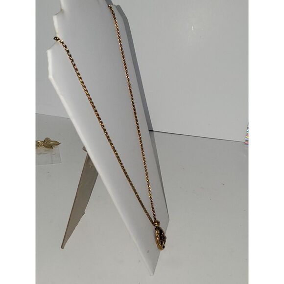 Antiqued Gold Tone Marcasite Flower Oval Pendant Braided Chain - Picture 10 of 10